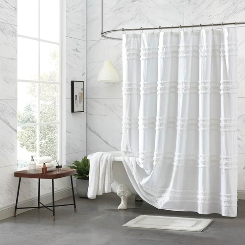 Decoriax White Cotton Chenille Stripe Shower Curtain – Machine Washable (72"x72")