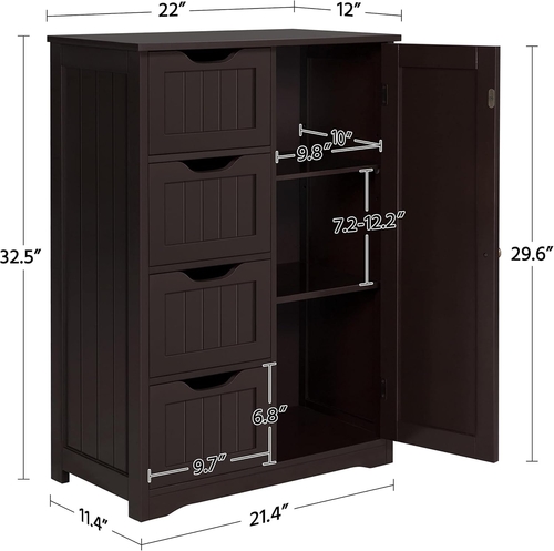 Brown Wooden Bathroom Cabinet with 4 Drawers Cupboard