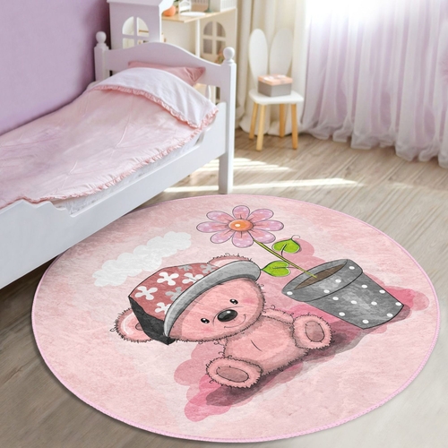 Pink Teddy Bear Kids Room Round Rug – Anti-Allergic & Washable