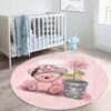 Pink Teddy Bear Kids Room Round Rug – Anti-Allergic & Washable