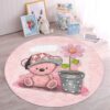 Pink Teddy Bear Kids Room Round Rug – Anti-Allergic & Washable