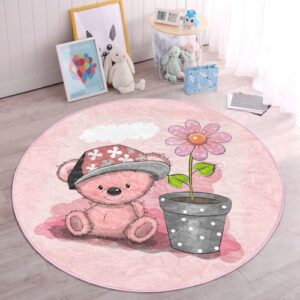 Pink Teddy Bear Kids Room Round Rug – Anti-Allergic & Washable