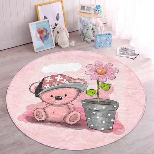Pink Teddy Bear Kids Room Round Rug – Anti-Allergic & Washable