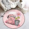 Pink Teddy Bear Kids Room Round Rug – Anti-Allergic & Washable