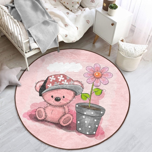 Pink Teddy Bear Kids Room Round Rug – Anti-Allergic & Washable